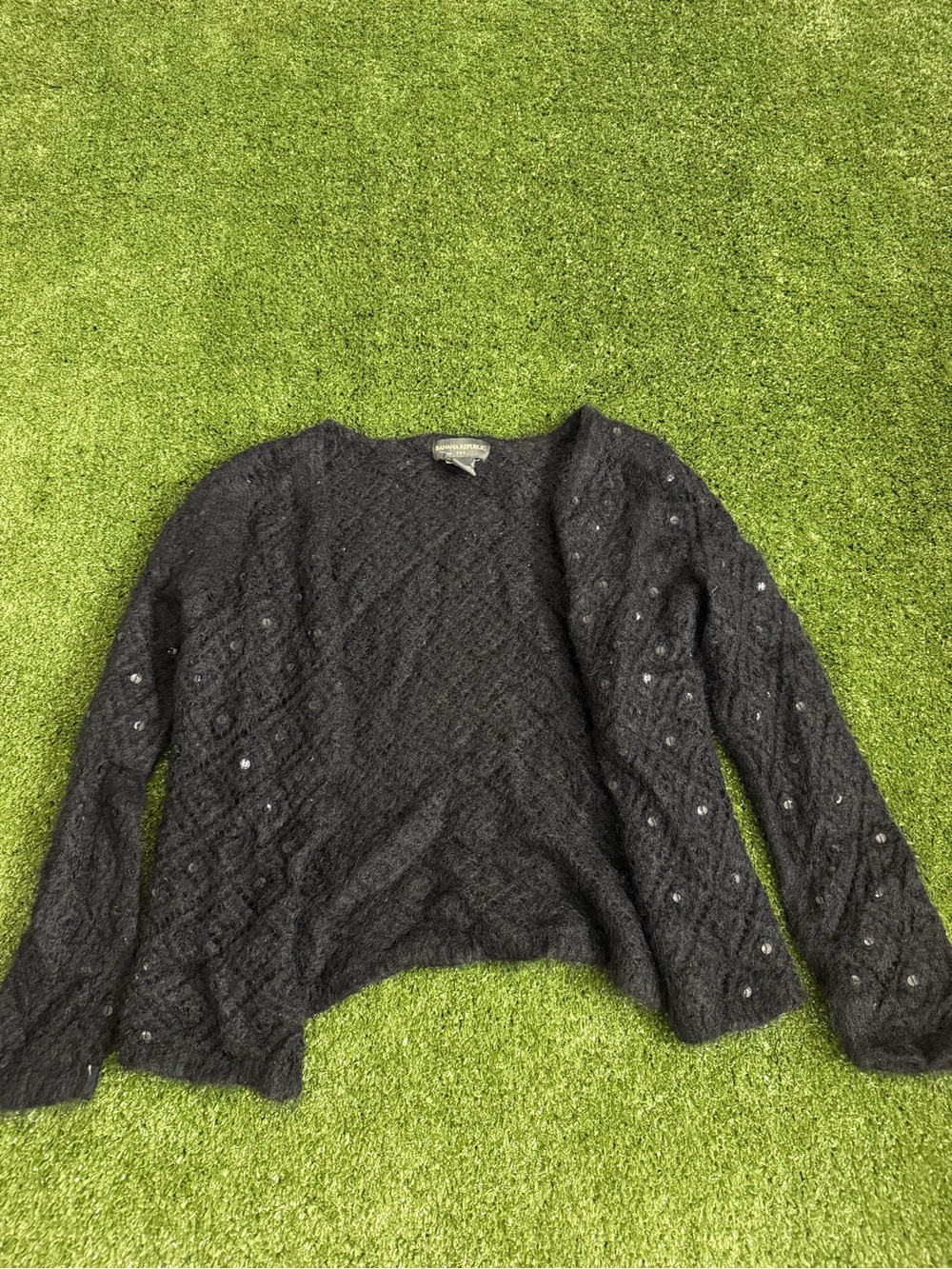 Banana Republic Black Textured Crewneck Sweater with Sequin Detail